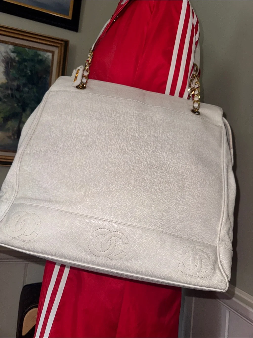 CHANEL XL Vintage Triple CC White Leather Shoulder Tote Bag Purse Gold Chain
